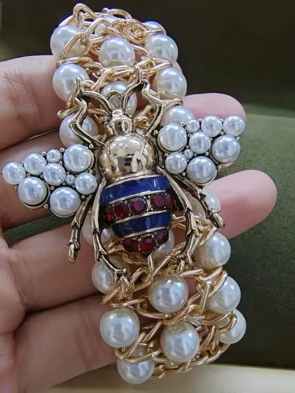 Gold Bee Brooch with Pearl Wings and Red & Blue Enamel